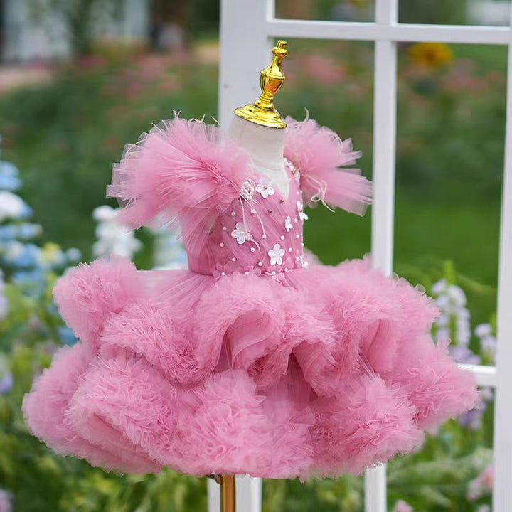 DreamyVow Pink Flowers Knee Length 1st Birthday Party Girl Dress J356