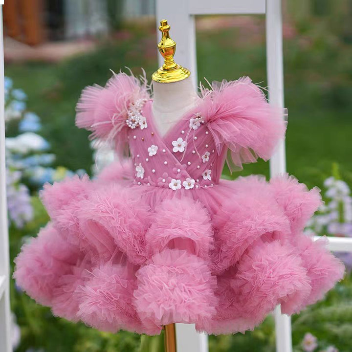 DreamyVow Pink Flowers Knee Length 1st Birthday Party Girl Dress J356