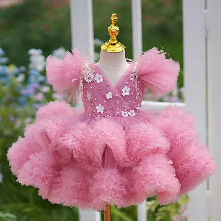 DreamyVow Pink Flowers Knee Length 1st Birthday Party Girl Dress J356