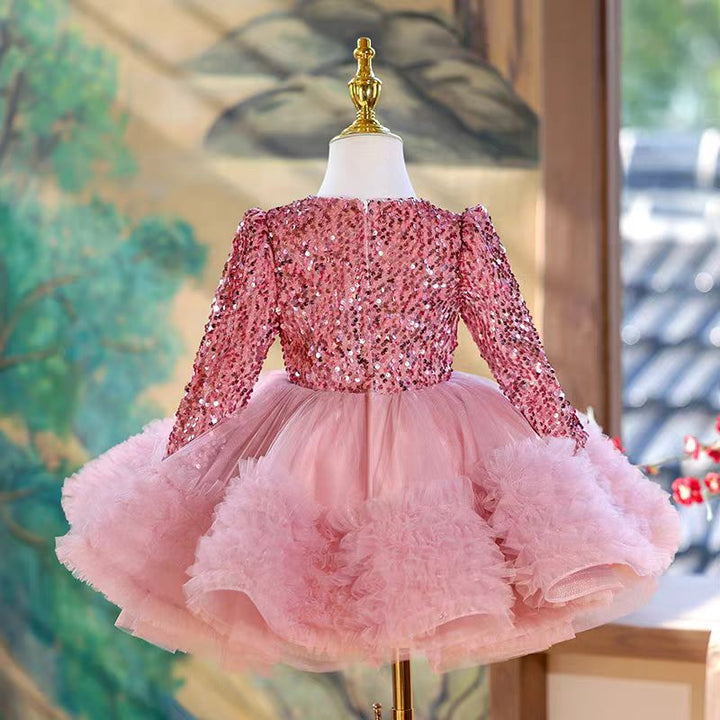 DreamyVow Pink Long Sleeve Sequins Knee Length 1st Birthday Party Girl Dress J359