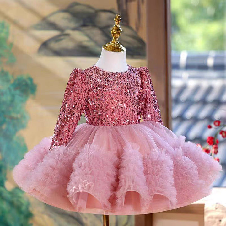 DreamyVow Pink Long Sleeve Sequins Knee Length 1st Birthday Party Girl Dress J359