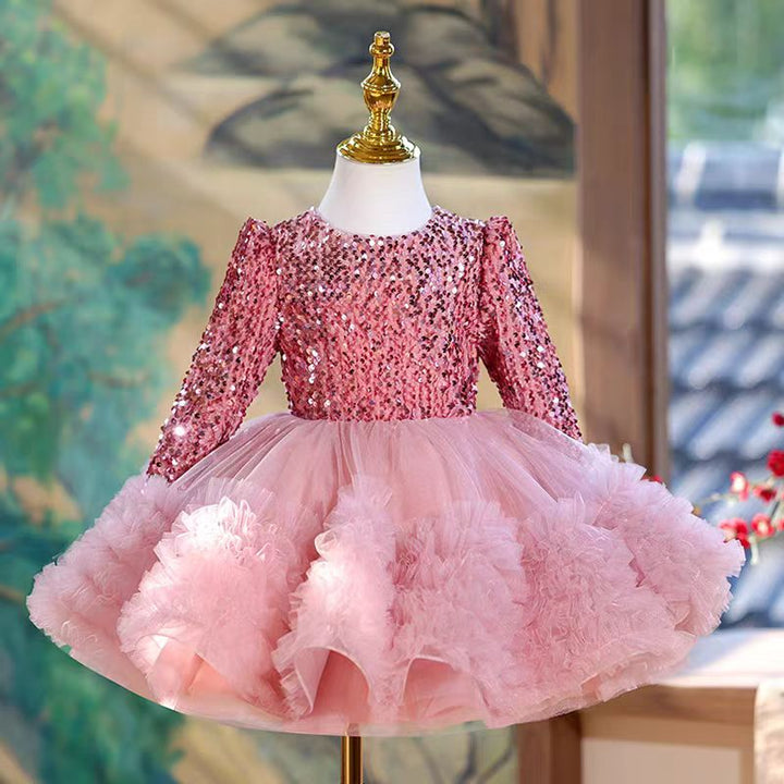 DreamyVow Pink Long Sleeve Sequins Knee Length 1st Birthday Party Girl Dress J359