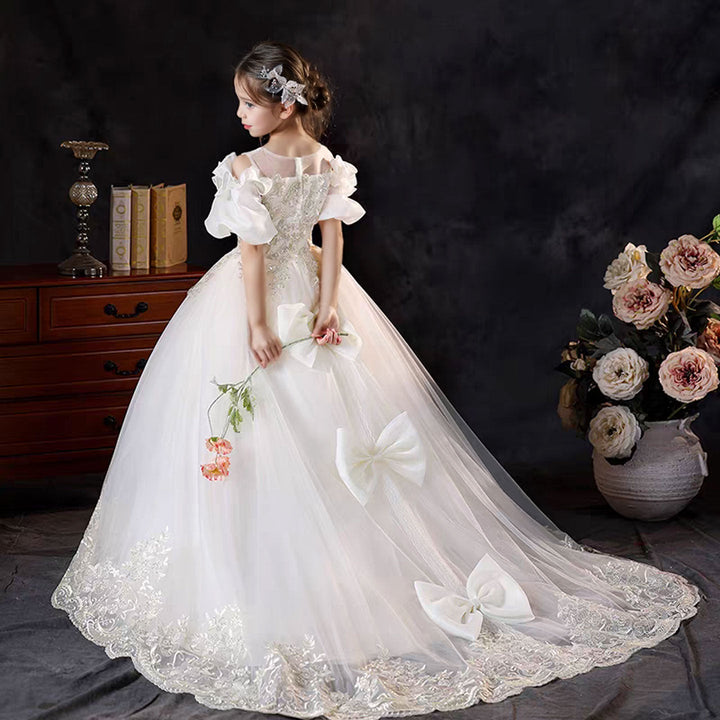 DreamyVow Luxury White Flower Girl Dress Appliques with Bow J346