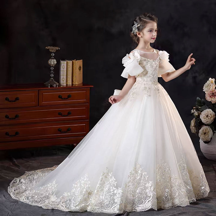 DreamyVow Luxury White Flower Girl Dress Appliques with Bow J346