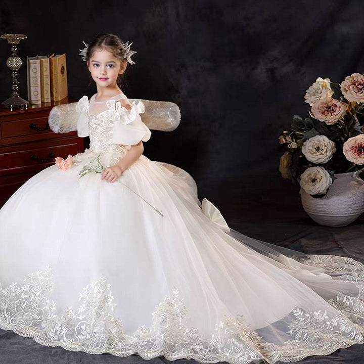 DreamyVow Luxury White Flower Girl Dress Appliques with Bow J346