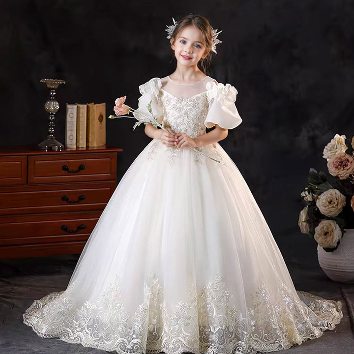 DreamyVow Luxury White Flower Girl Dress Appliques with Bow J346