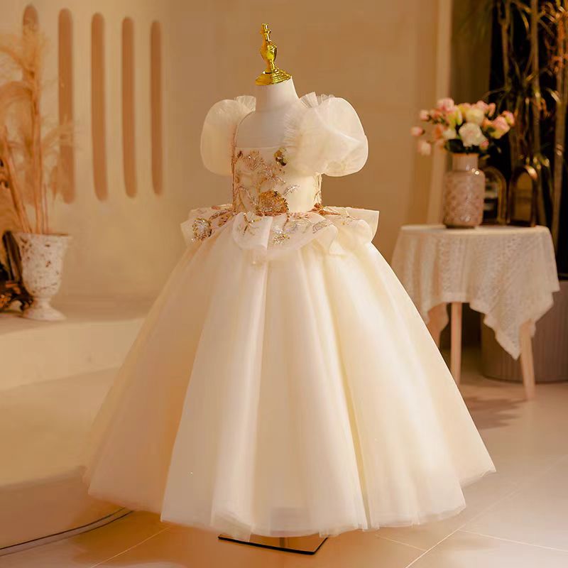 DreamyVow Elegant Beige Dubai Girl Dress Beading Arabic Princess Kids J243