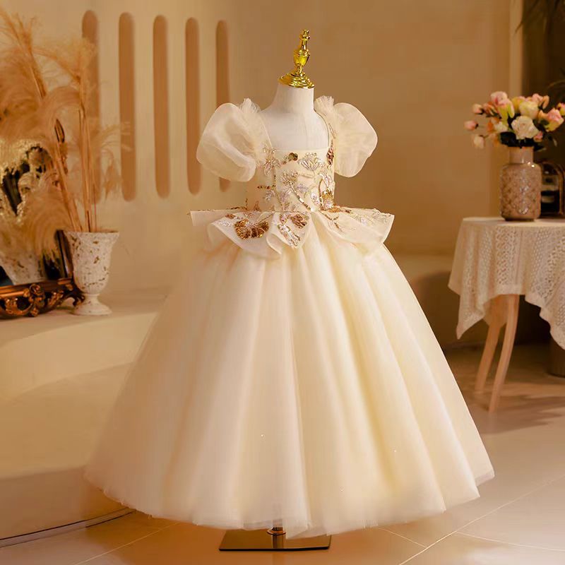 DreamyVow Elegant Beige Dubai Girl Dress Beading Arabic Princess Kids J243