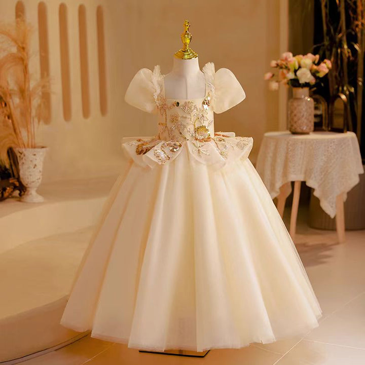 DreamyVow Elegant Beige Dubai Girl Dress Beading Arabic Princess Kids J243