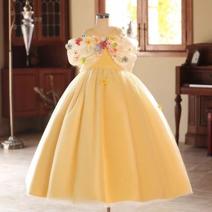 Dreamy Yellow 3D Flowers Girl Dress for Birthday Pageant Party J081