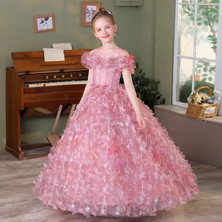 Dreamy Luxury Pink Girl Dress with 3D Flowers Bitrthday Party Gown J160