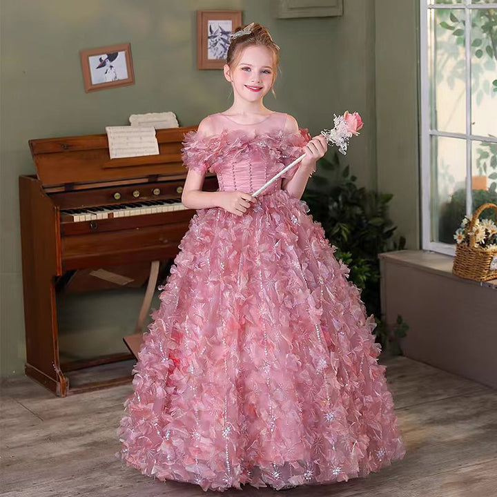 Dreamy Luxury Pink Girl Dress with 3D Flowers Bitrthday Party Gown J160