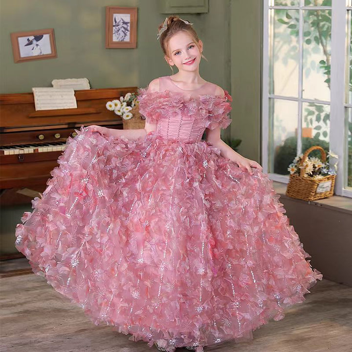 Dreamy Luxury Pink Girl Dress with 3D Flowers Bitrthday Party Gown J160