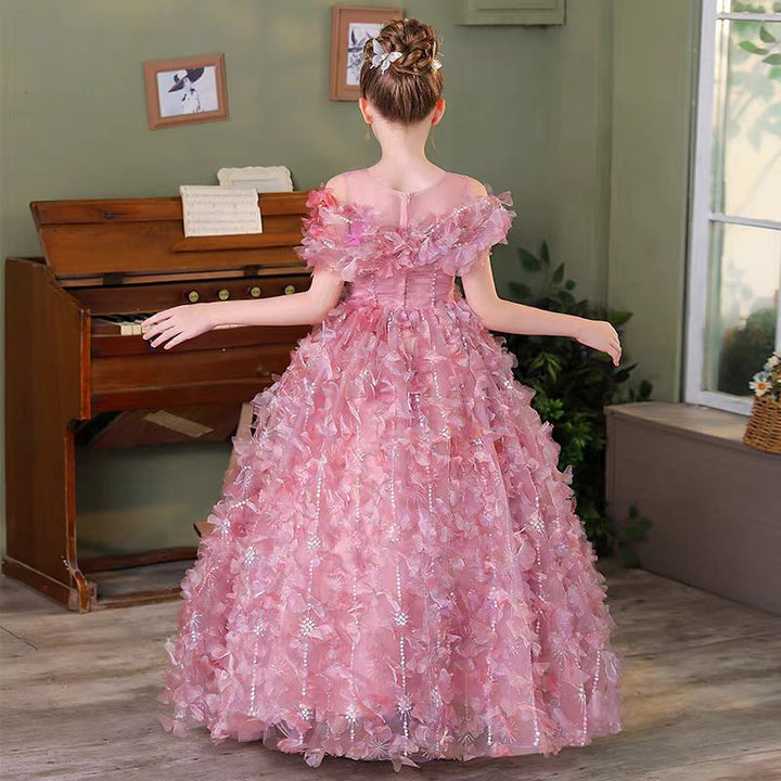 Dreamy Luxury Pink Girl Dress with 3D Flowers Bitrthday Party Gown J160