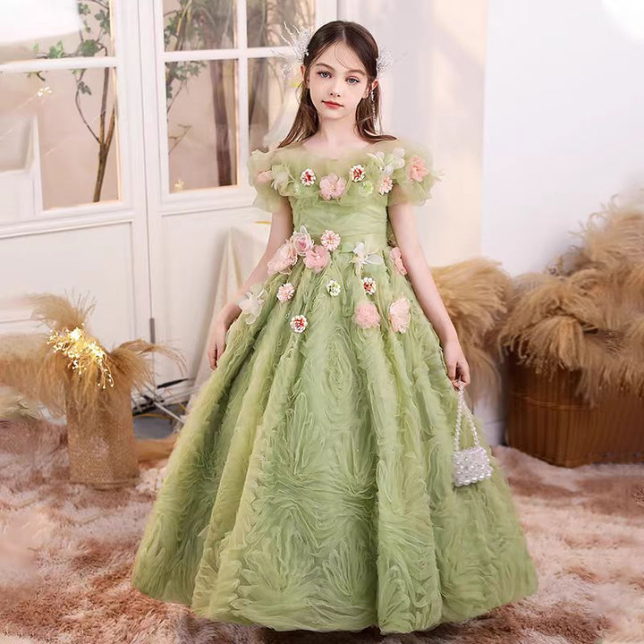 Dreamy Luxury Sage Green Girl Dress with Flowers Bitrthday Party Gown J190