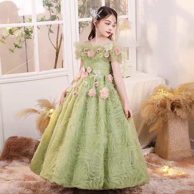 Dreamy Luxury Sage Green Girl Dress with Flowers Bitrthday Party Gown J190