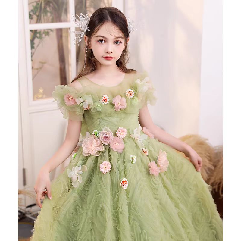 Dreamy Luxury Sage Green Girl Dress with Flowers Bitrthday Party Gown J190