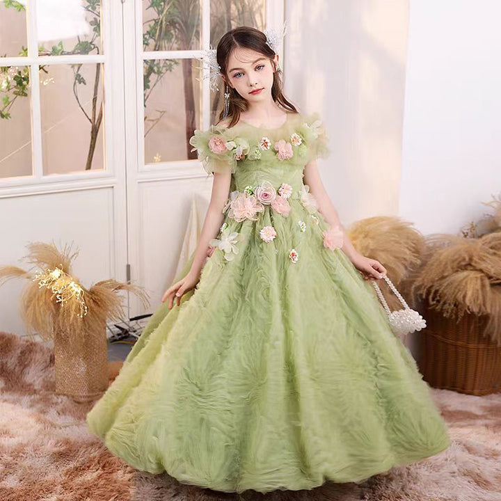 Dreamy Luxury Sage Green Girl Dress with Flowers Bitrthday Party Gown J190