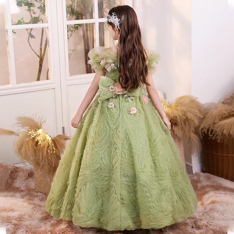 Dreamy Luxury Sage Green Girl Dress with Flowers Bitrthday Party Gown J190