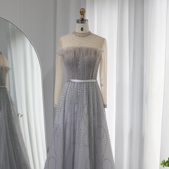 Dreamy Vow For Sale Beaded Silver Gray Long Sleeve Evening Dresses SS215