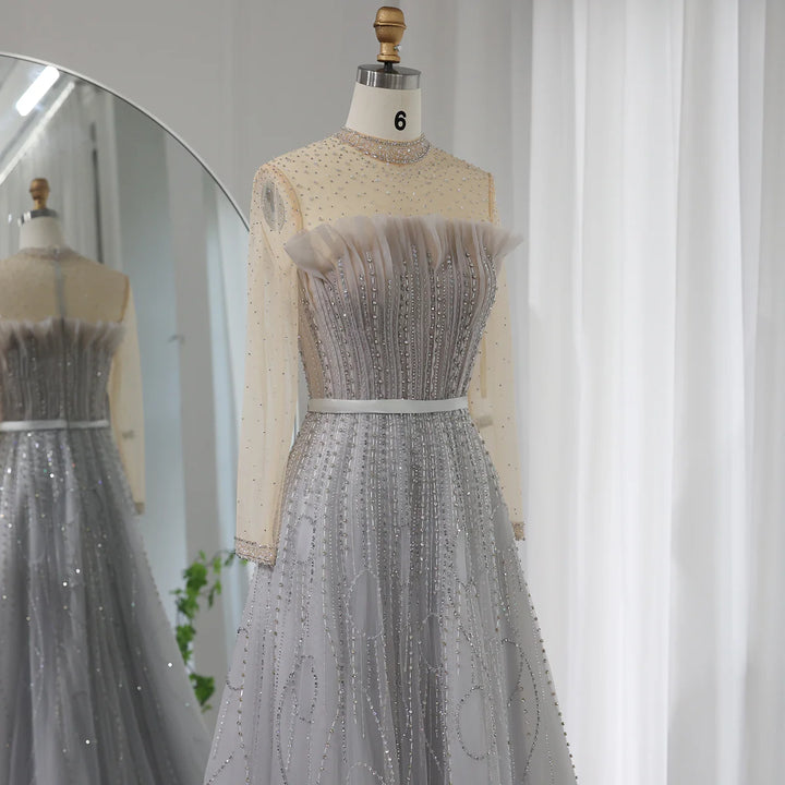 Dreamy Vow For Sale Beaded Silver Gray Long Sleeve Evening Dresses SS215