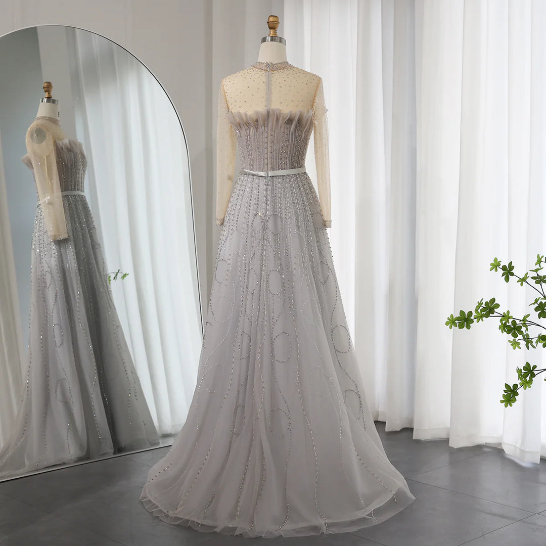 Dreamy Vow For Sale Beaded Silver Gray Long Sleeve Evening Dresses SS215