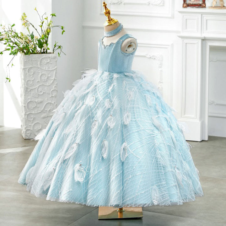 DreamyVow Luxury Dubai Sky Blue Girl dresses High-Neck Feather Arabic Princess Kids Birthday Wedding Party Ball Gown J128