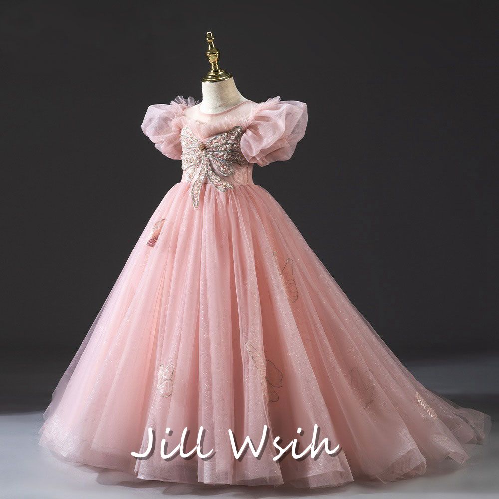 DreamyVow Luxury Princess Dusty Pink Girl Dress Dubai Tulle Pearls Beading J022