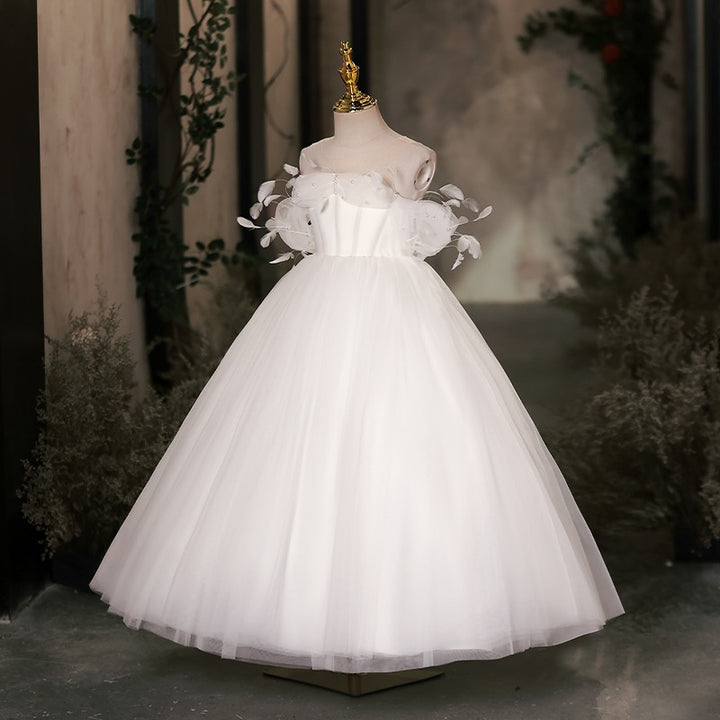 DreamyVow Elegant White Dubai Girl Dress Pearls Feathers Arab Princess Kids Wedding Birthday Party Long Ball Prom Gown 2024 J149