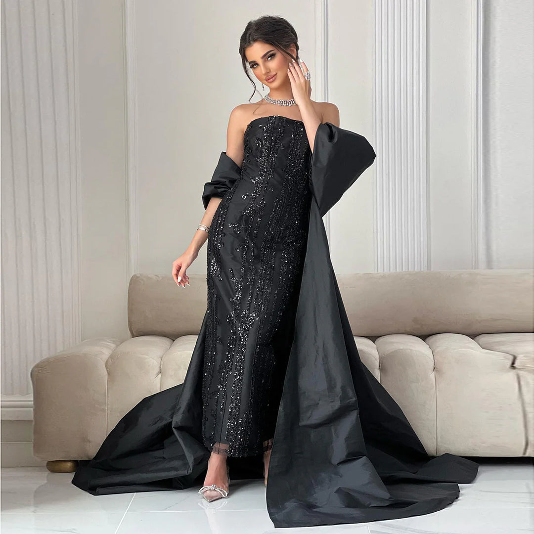 Luxury Blue Strapless Arabic Evening Dress with Cape Dubai Party Gowns SS454