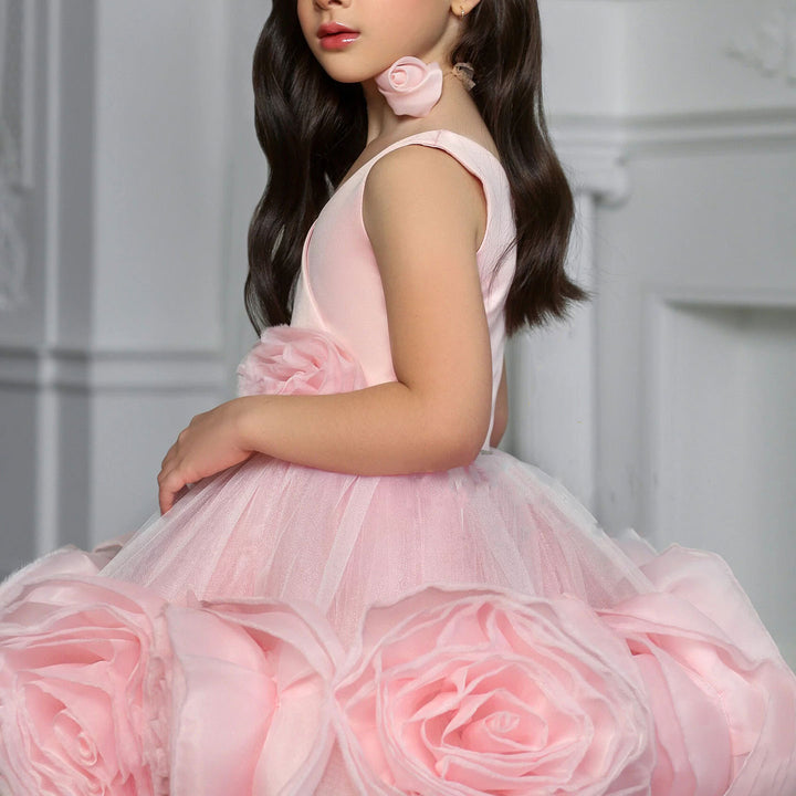 DreamyVow Elegant Pink Arab Girl Dress Handmade Flowers V-Neck Kids Princess Birthday Wedding Party Gown J158