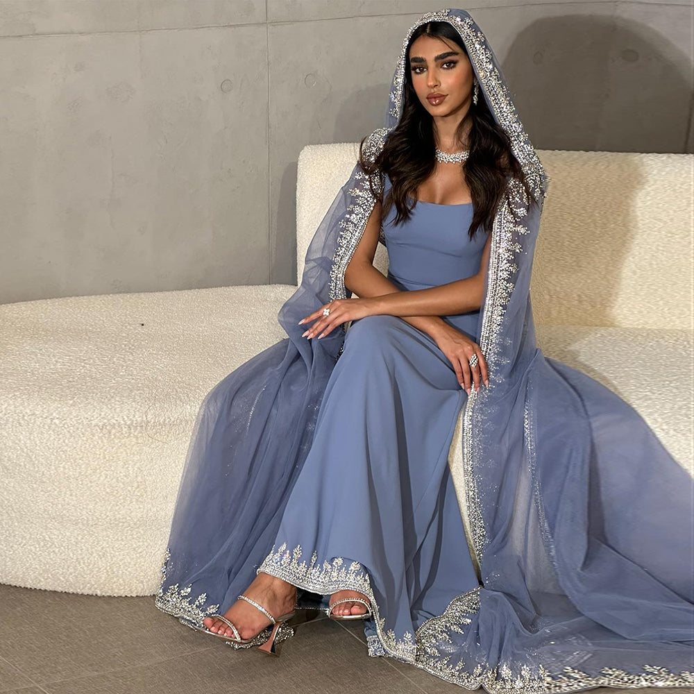 Dreamy Vow Luxury Crystal Blue Mermaid Dubai Evening Dresses with Cape Sleeves Elegant Arabic Women Wedding Party Gowns 445