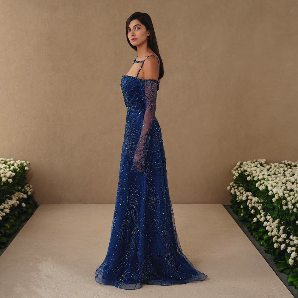 Luxury Beaded Navy Blue Mermaid Evening Dress with Long Sleeves SS396