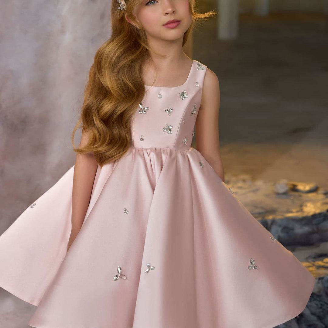 DreamyVow Elegant Pink Satin Girl Dresses Square Collar for Kids Wedding Birthday Holiday Party Gown J145