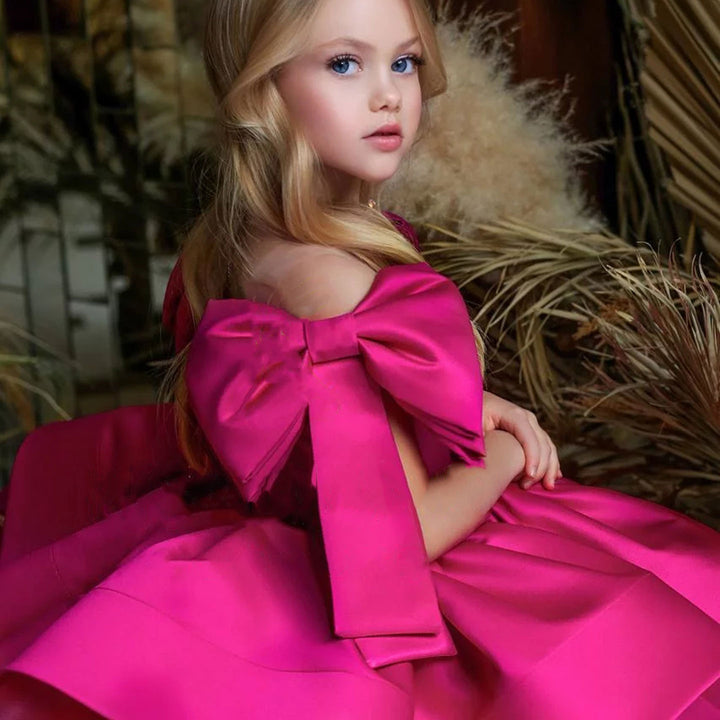 DreamyVow Elegant Satin Fuchsia Girl Dress Off-Shoulder White Princess Birthday Wedding Party Children Gown J159