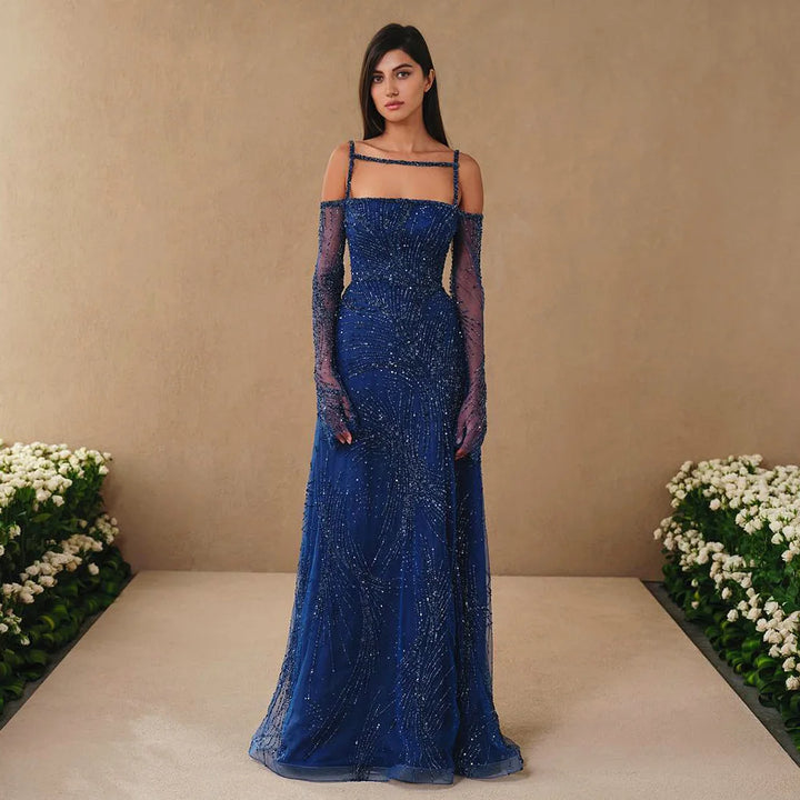 Luxury Beaded Navy Blue Mermaid Evening Dress with Long Sleeves SS396