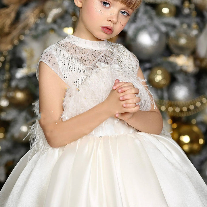 DreamyVow Luxury White Girl Dress Beads Feathers Kids for First Communion J398