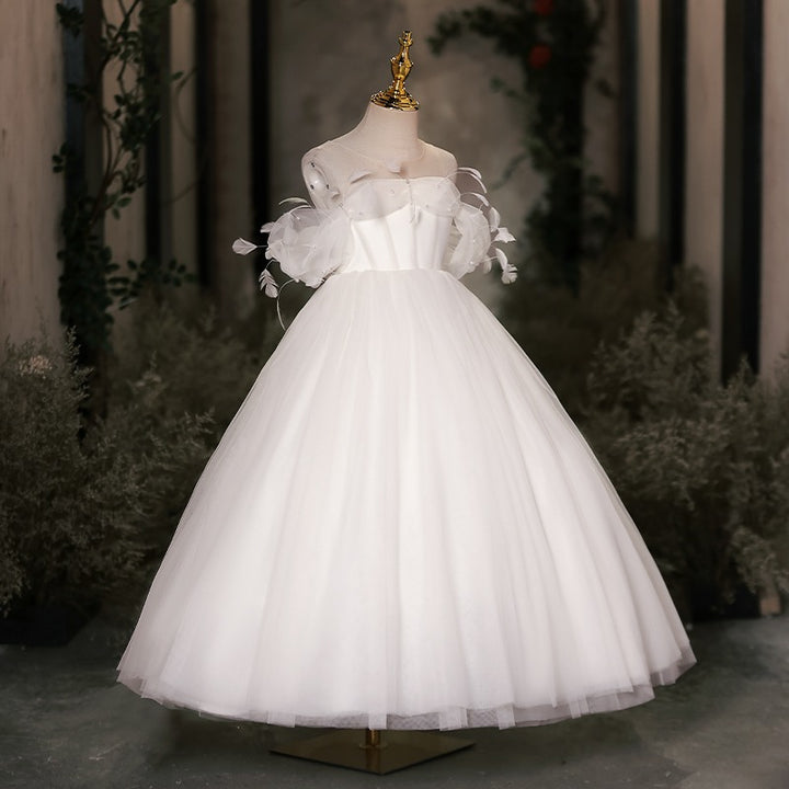 DreamyVow Elegant White Dubai Girl Dress Pearls Feathers Arab Princess Kids Wedding Birthday Party Long Ball Prom Gown 2024 J149