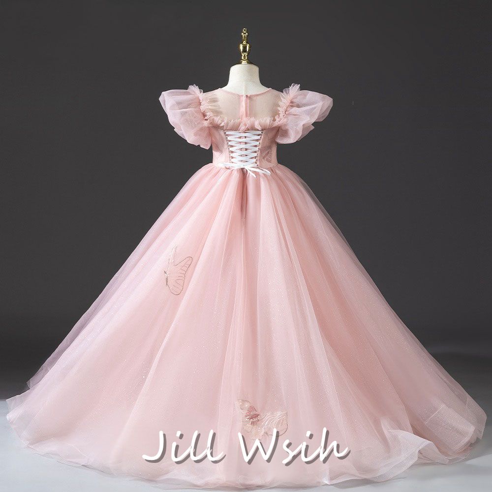 DreamyVow Luxury Princess Dusty Pink Girl Dress Dubai Tulle Pearls Beading J022