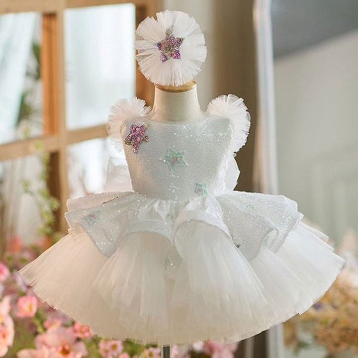 DreamyVow Sequins White Flower Girl Dress Knee Length Arabic Princess Gown J281