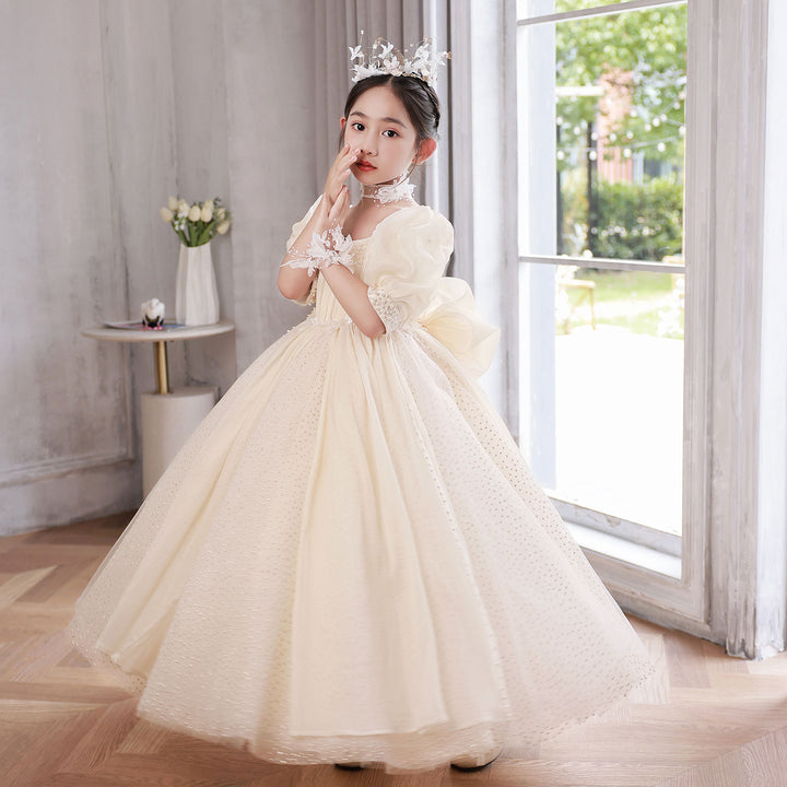 DreamyVow White Beige Flower Girl Dress for Kids Wedding Birthday Dinner Party Pageant J096