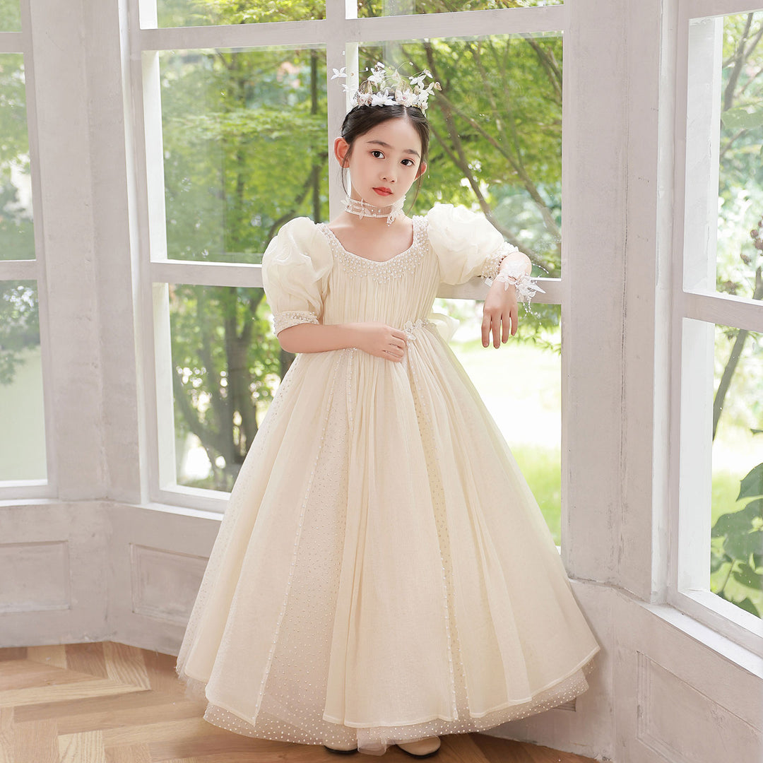 DreamyVow White Beige Flower Girl Dress for Kids Wedding Birthday Dinner Party Pageant J096