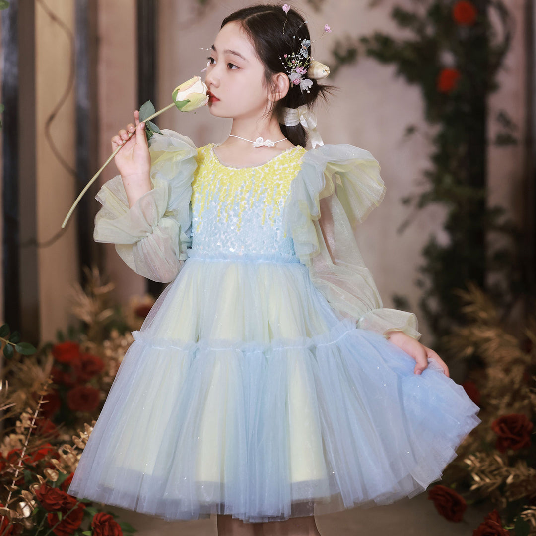 DreamyVow Shiny Pink Sky Blue Flower Girl Dress Sequined Formal Dance Gown for Kids Wedding Birthday Dinner Party Pageant J091