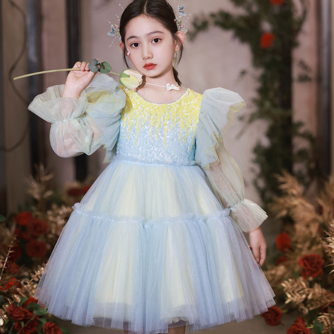 DreamyVow Shiny Pink Sky Blue Flower Girl Dress Sequined Formal Dance Gown for Kids Wedding Birthday Dinner Party Pageant J091