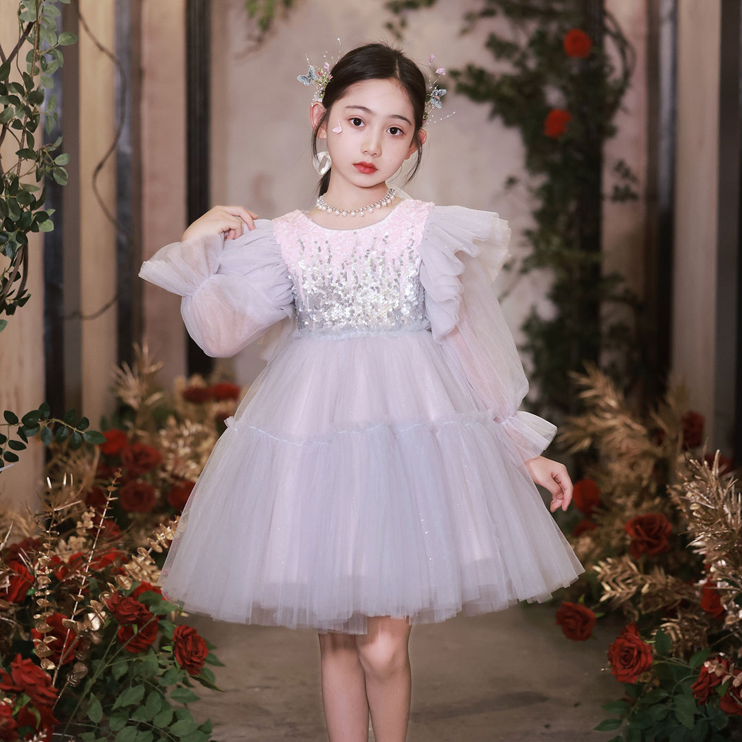 DreamyVow Shiny Pink Sky Blue Flower Girl Dress Sequined Formal Dance Gown for Kids Wedding Birthday Dinner Party Pageant J091