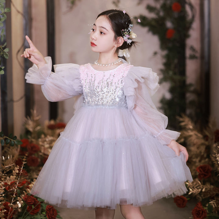 DreamyVow Shiny Pink Sky Blue Flower Girl Dress Sequined Formal Dance Gown for Kids Wedding Birthday Dinner Party Pageant J091