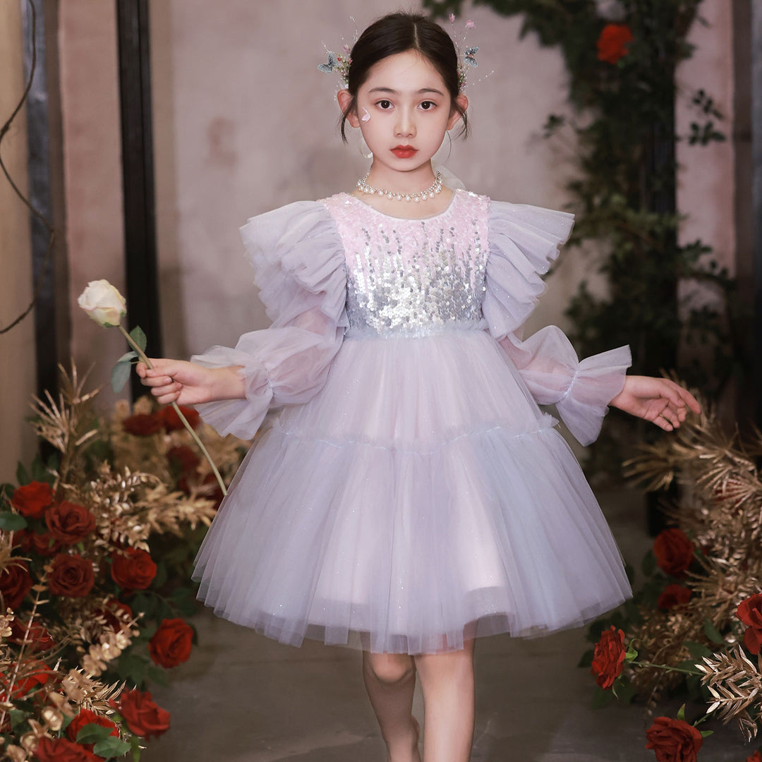 DreamyVow Shiny Pink Sky Blue Flower Girl Dress Sequined Formal Dance Gown for Kids Wedding Birthday Dinner Party Pageant J091