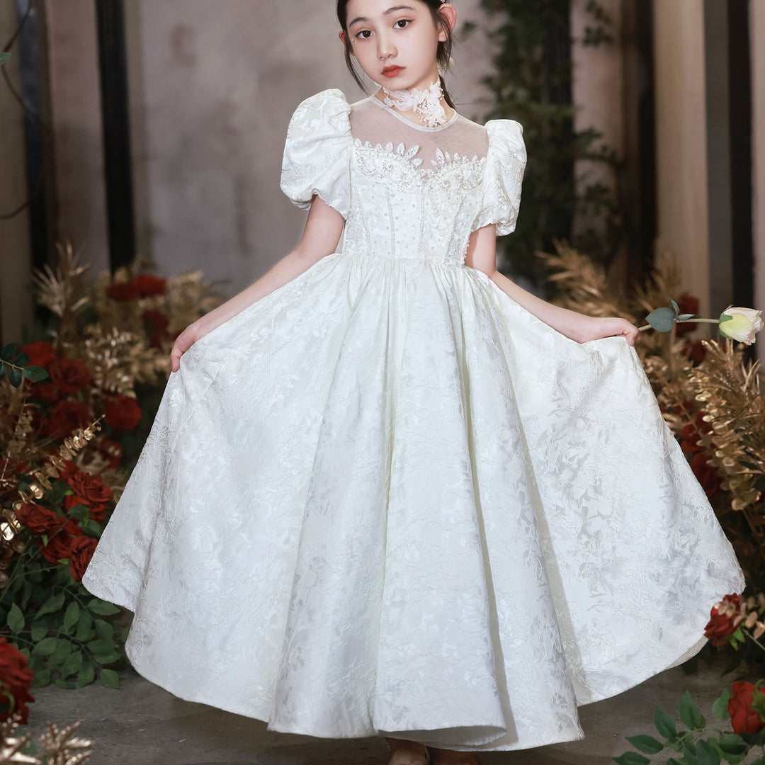 DreamyVow Elegant White Flower Girl Dresses Luxury Beading Puff Sleeve Formal Gowns Kids Wedding Birthday Party Pageant J092