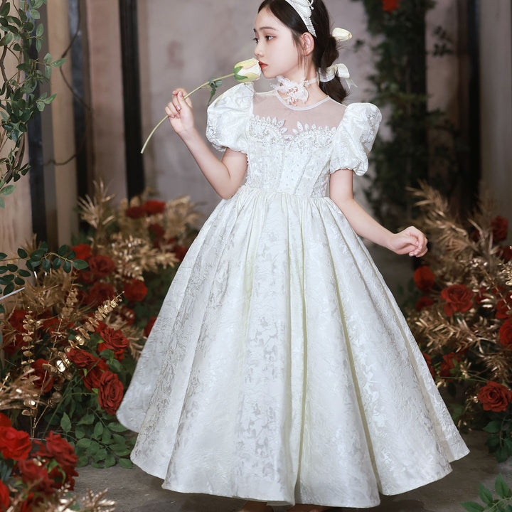 DreamyVow Elegant White Flower Girl Dresses Luxury Beading Puff Sleeve Formal Gowns Kids Wedding Birthday Party Pageant J092