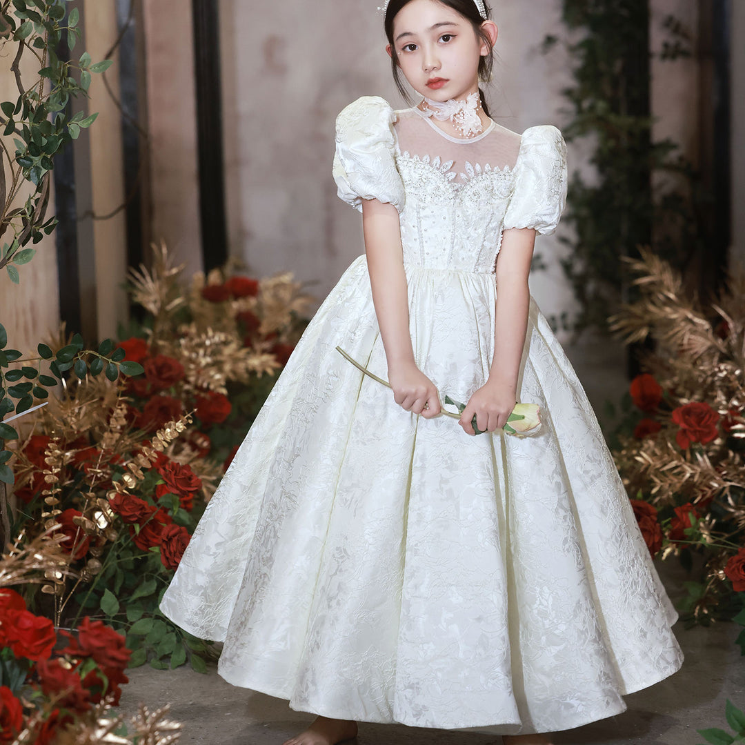 DreamyVow Elegant White Flower Girl Dresses Luxury Beading Puff Sleeve Formal Gowns Kids Wedding Birthday Party Pageant J092